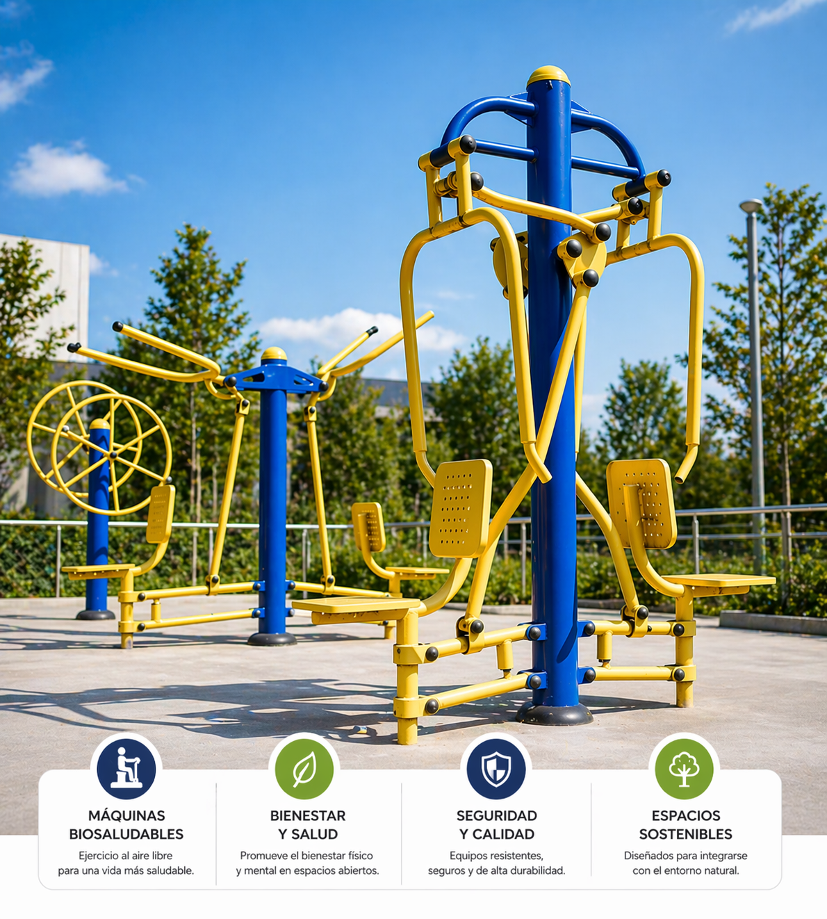 Imagen de parque biosaludable con máquinas de ejercicio al aire libre instaladas sobre superficie de concreto, ideal para espacios recreativos, zonas deportivas y mobiliario urbano. Equipamiento resistente y seguro diseñado para proyectos de ingeniería civil, construcción de parques infantiles, gimnasios al aire libre y adecuación de escenarios deportivos con altos estándares de calidad.